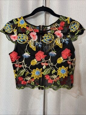 Black Floral Embroidered Sheer Crop Top
